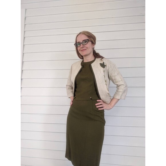 60s Green Linen Skirt Set Short Neutral Embroidered Jacket Vintage XS 34 23 34 - Picture 3 of 10